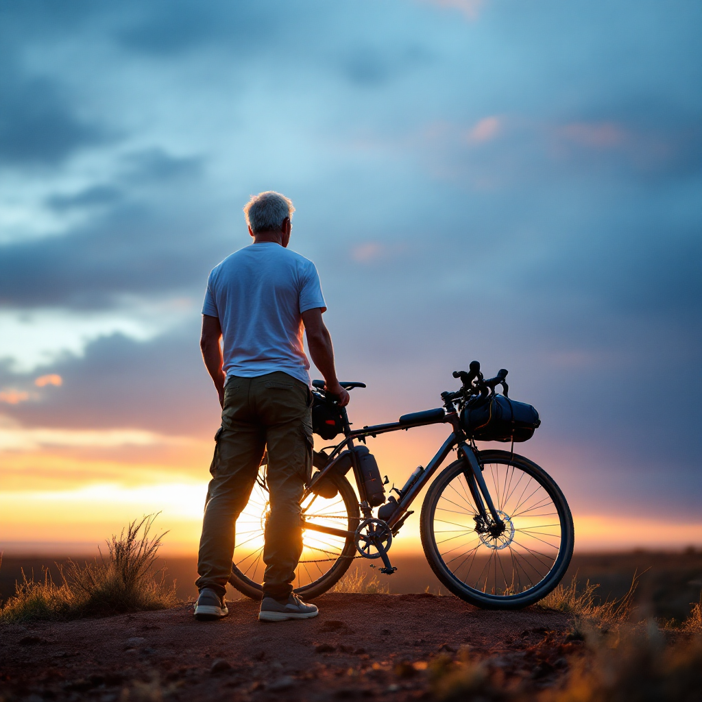 A man with a bikepacking bicycle standing watching a sunrise in the Australian Outback.