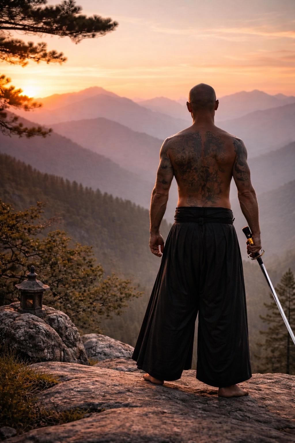 A man only wearing a hakama and holding a katana contemplating distant hills at sunset.