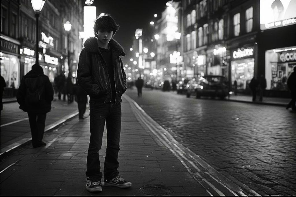 Monochrome picture of a street boy in a city street at night.