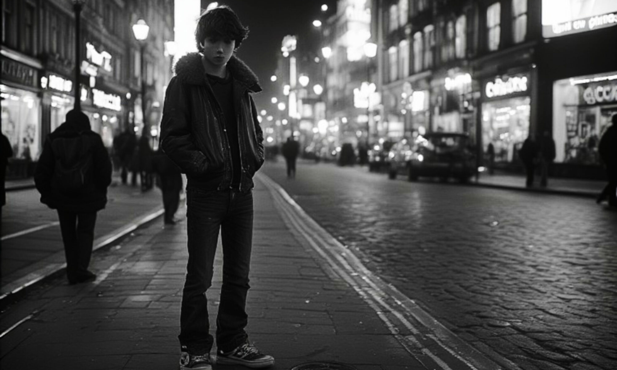 Monochrome picture of a street boy in a city street at night.