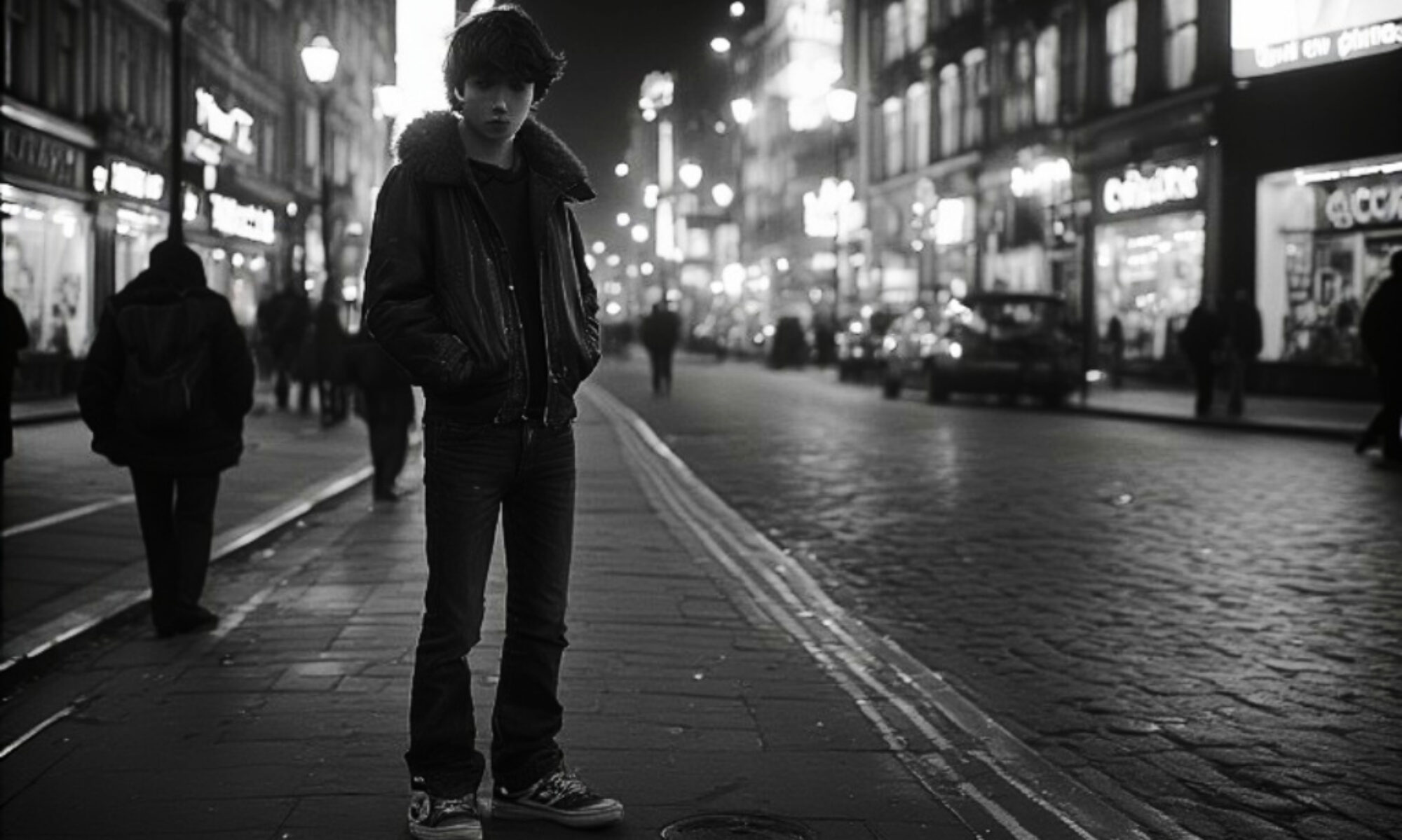 Monochrome picture of a street boy in a city street at night.